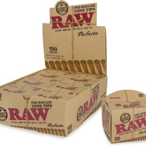 RAW Classic Natural Unrefined Rolling Papers - Perfecto Pre Rolled Cone Tips - 6 Packs Per Box - 100 Tips Per Pack