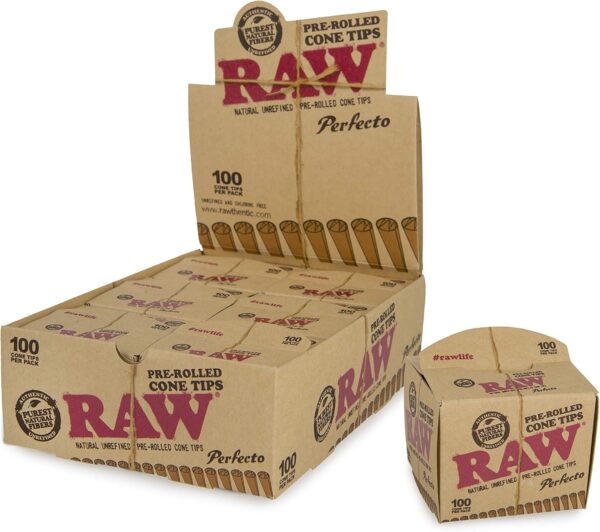 RAW Classic Natural Unrefined Rolling Papers - Perfecto Pre Rolled Cone Tips - 6 Packs Per Box - 100 Tips Per Pack