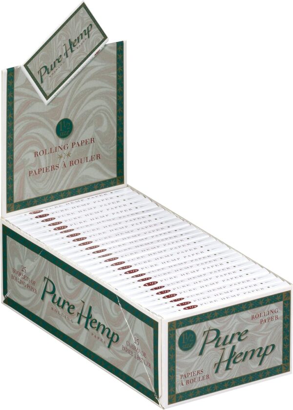 Pure Hemp Rolling Paper - 1 1/2 Size Cigarette Paper - Full Display Box of 25 Booklets (33 Leaves Per Book!)