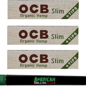 OCB Organic Cigarette Rolling Papers ~ King Size Slim + Tips ~ 3 Pack ~ Includes American Rolling Club Tube
