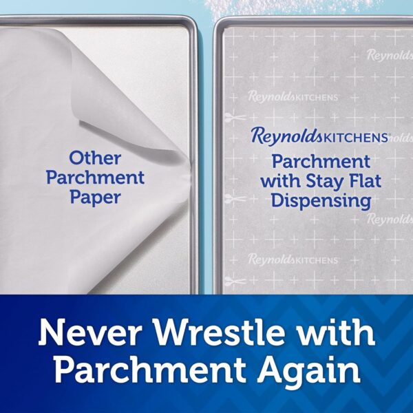 Reynolds Kitchens Stay Flat Dispensing Parchment Paper for Baking and Roasting, Parchment Paper Roll, Great for Baking and Rolling Dough, Non-stick, Reusable Up to 3x, 45 Sq. Ft. - Image 5