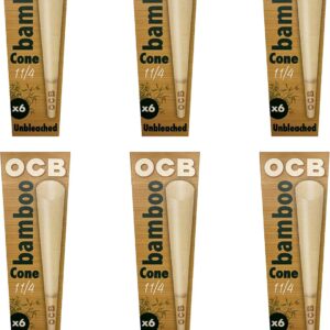 OCB Bamboo 1 1/4 Size Cones ~ 6 Packs of 6 ~ (36 Cones Total) Unbleached Pre Rolled Rolling Paper with Tips, Includes ARC Saver Tube
