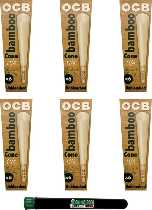 OCB Bamboo 1 1/4 Size Cones ~ 6 Packs of 6 ~ (36 Cones Total) Unbleached Pre Rolled Rolling Paper with Tips, Includes ARC Saver Tube