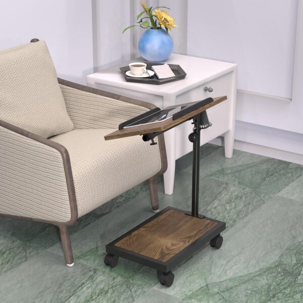 C Shaped End Table with Rolling Wheels, Height Adjustable Sofa Side Table for Small Spaces, Tiltable Surface for Tablets or Laptops, Industrial TV Tray Cart for Living Room, Retro Brown - Image 2