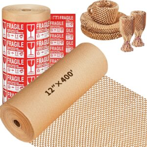 JARLINK Honeycomb Packing Paper, 12 * 400' Packing Wrap for Packing/Shipping/Moving, Recyclable Honeycomb Cushioning Wrap Roll, Moving & Gifts Wrapping Paper With 30 Fragile Sticker Labels
