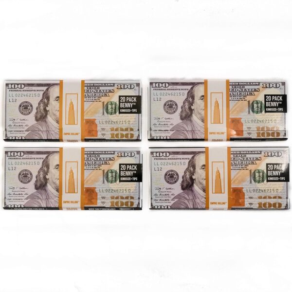 Empire Rolling® Benny Original 4-Pack – King Size Ultra-Thin Rolling Papers with Tips, $100 Bill Design, Natural Fibers, 111mm x 44.5mm (80 Papers + 80 Tips) - Image 3
