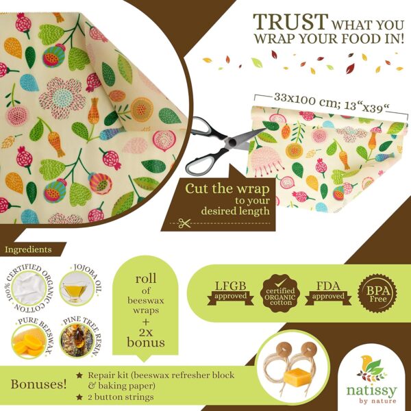 Reusable Beeswax Food Wrap; Roll 39″ Organic Beeswax Paper for Bread; Bowls & Food Storage Sustainable Alternative; Wax Paper for Covering Food Bowls - Image 2
