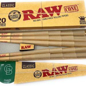 RAW Cones Classic King Size - 20 Pack - Pre Rolled RAWthentic Cones Rolling Papers with Tips, All Natural, Green Blazer Sticker