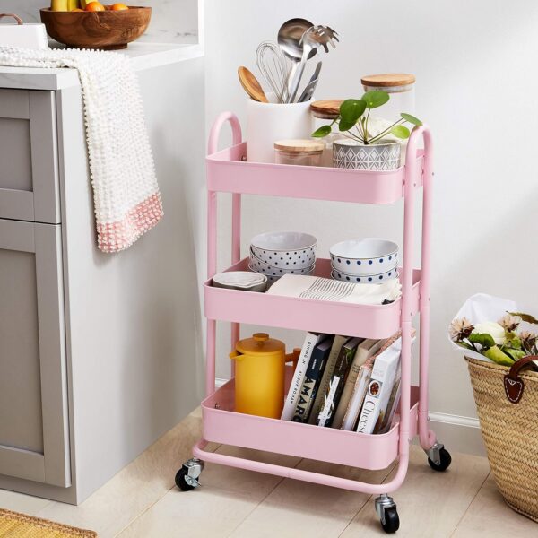 Amazon Basics 3-Tier Rolling Utility or Kitchen Cart, Lockable Wheels, Multifunctional Storage, Dusty Pink - Image 6