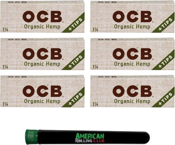 OCB Organic Cigarette Rolling Papers ~ 1-1/4 + Tips ~ 6 Pack ~ Includes American Rolling Club Tube