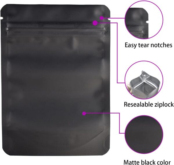 100 Pack Mylar Bag,7 Gram Stand-up Packaging Pouch, 4.72 Mil Thickness Resealable Zip Lock Foil Food Storage Baggies Safe Material,4X6 Inches,Matte Black - Image 3