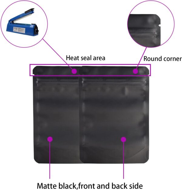 100 Pack Mylar Bag,7 Gram Stand-up Packaging Pouch, 4.72 Mil Thickness Resealable Zip Lock Foil Food Storage Baggies Safe Material,4X6 Inches,Matte Black - Image 4