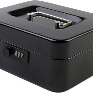 Kyodoled Medium Cash Box with Combination Lock Safe Metal Money Box with Money Tray for Security Lock Box 7.87"x 6.30"x 3.54" Black Medium