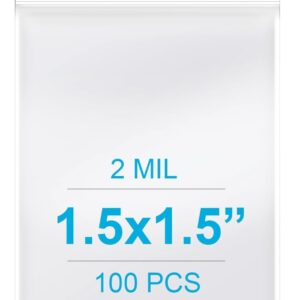 1.5''x 1.5'', (Pack of 100) 2 mil Thick Clear Plastic Reclosable Zip Poly Bags with Resealable Lock Seal Zipper for Photo, Jewelry, Bakery, Treats, Travel, Storage, Packaging & Shipping…