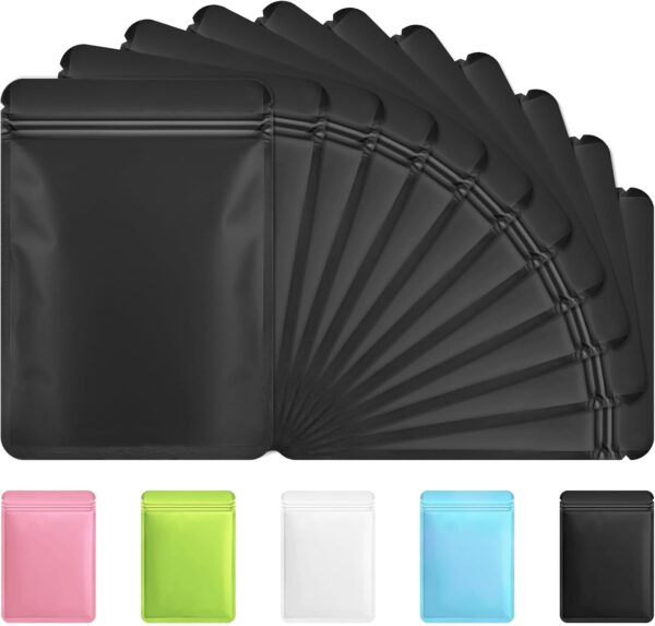 Funfery 100 Pack Black Mylar Packaging Bags Resealable Bags Double Sided Color Odor Proof Pouch Baggies Smell Proof Foil Bag for Food Storage,Small Business(Black,3x4inch)