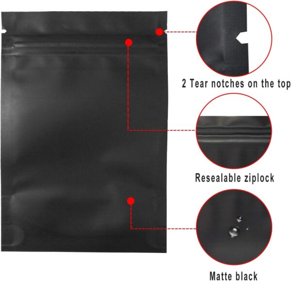 STUs 100 Pack Mylar Stand-Up Bags 5.5 x 7.9 Inch Smell Proof Bags Foil Pouch Double-Sided Mylar Bag Matte Black - Image 3