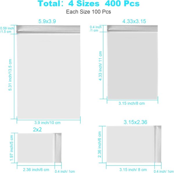 400 Pcs Small Plastic Bags, Resealable Clear Jewelry Bags, Small Baggies, Poly Reclosable Mini Bag, 4 Assorted Sizes 6x3.9 4.7x3.1 3.5x2.3 2.7x2IN, 2 Mil Zipper Bag for Jewelry Pill Packaging VOPTON - Image 2