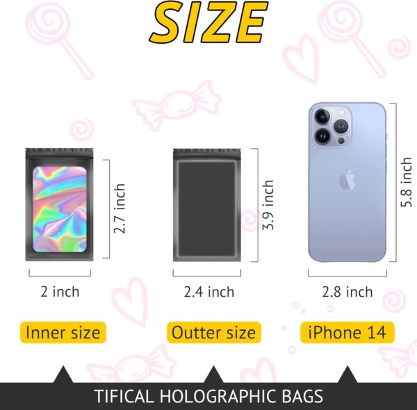 100 PCS Smell Proof Holographic Packaging Bags, Resealable Foil Freshies for Food Storage & Small Business – Sample Pouch for Eyelash, Jewelry, Valentines Day Gifts - Image 2