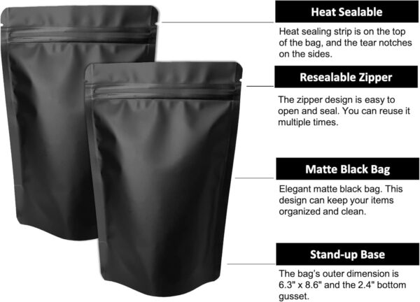 100 Pack Matte Black Stand Up Bags – 5 Mil 6.3x8.6 Inches Resealable Smell Proof Food Storage Zipper Pouch Bag, Large Heat Sealable Plastic Foil Packaging Pouches, Sample Pouch - Image 5