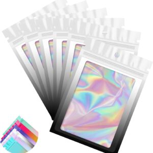 Funfery 100 Pack Gradient Holographic Bags,Mylar Resealable Bags with Zipper,Clear Window Packaging Pouch,Smell Proof Bag for Food Storage,Sample Jewelry Baggies(2.7×3.9in,White Black)