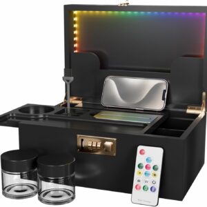 Usoway Bamboo Storage Box With Colored LED Lights - 358 Kinds Cool Light Effects, Premium Decorative Wooden Box With Combination Lock, Storage Box Set With Sliding Tray and Accessories (Black)