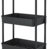 JIUYOTREE 3-Tier Plastic Rolling Storage Cart Utility Cart with Extra Hanging Cups Handles Lockable Wheels for Living Room Bathroom Kitchen Office Black