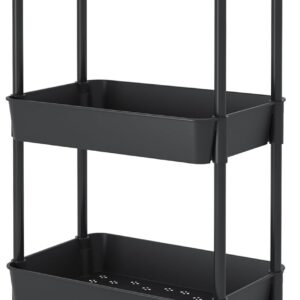 JIUYOTREE 3-Tier Plastic Rolling Storage Cart Utility Cart with Extra Hanging Cups Handles Lockable Wheels for Living Room Bathroom Kitchen Office Black