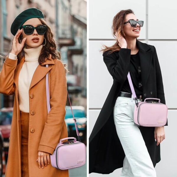 Pink PU Leather Cosmetic Bag with Combination Lock, Heavy Duty Makeup Box case with Shoulder Strap for Home and Travel, Great Gift for Women. - Image 7