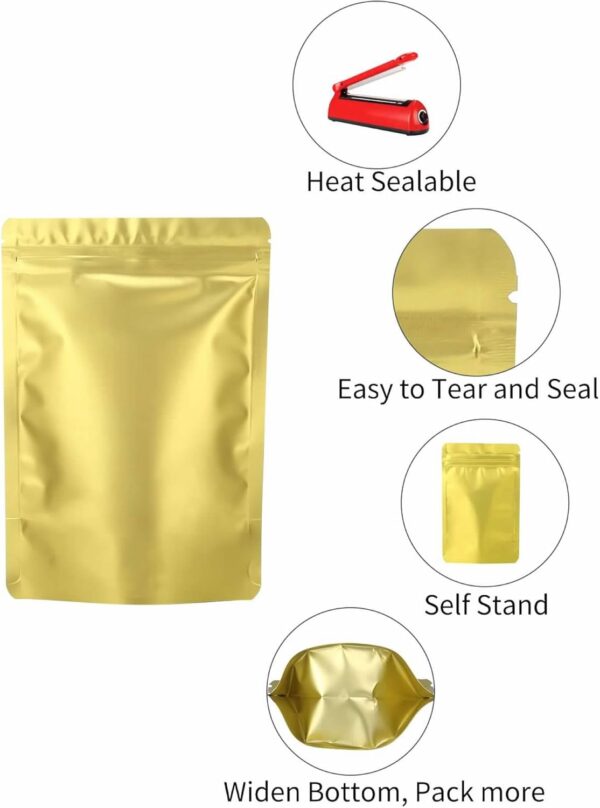 200 Pieces Resealable Mylar Bags(4.3x6.3inch, Matte Gold), Stand Up Zipper Lock Aluminum Foil Bag, Packaging for Small Businesses, Packaging Bags for Food/Nuts Storage - Image 4