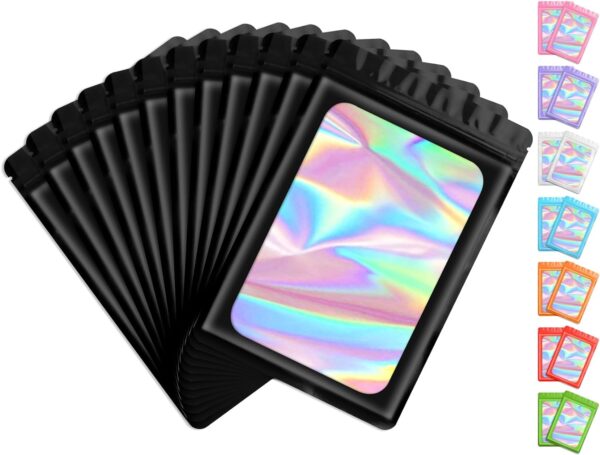 Funfery 100 Pack Resealable Holographic Bags, Smell Proof Packaging, Mylar Food Storage, Zipper Sealing Bags for Coffee Beans, Cookies, Jewelry - Black, 3x4.7in