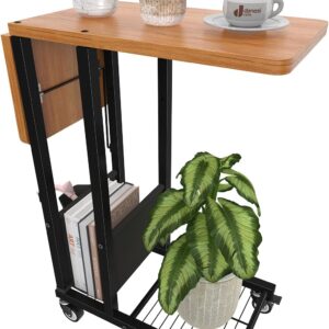 Simple Trending C Shaped End Table, Folding TV Tray Couch Side Table for Sofa on Wheels, Black