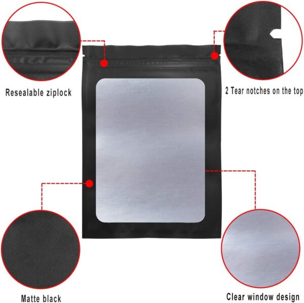 STUs 100 Pack Mylar Bags 5.5 x 7.9 Inch Resealable Smell Proof Bags with Clear Window Foil Pouch Bag Flat Bag Matte Black - Image 3