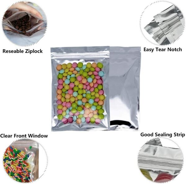 100 Pack Reusable Aluminum Foil Mylar Bags - 5.5 x 7.8 Inch, Resealable Zip Lock, Clear, Waterproof, Long Term Food Storage - Image 3