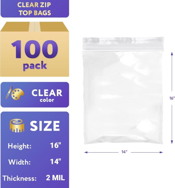 Clear Zip Bags 14 x 16 Inch. Pack of 100 Plastic Reclosable Zipper Bags 2 Mil. Resealable Plastic Bags. Waterproof Poly Bags Reclosable. Baggies for Weed, Pills, Jewelry, Samples - Image 2