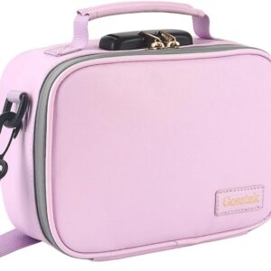 Pink PU Leather Cosmetic Bag with Combination Lock, Heavy Duty Makeup Box case with Shoulder Strap for Home and Travel, Great Gift for Women.