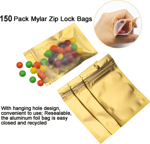 150 Pack Mylar Zip Lock Bags Aluminum Foil Bags Durable Double-Sided Metallic Foil Mylar Flat Mini Ziplock Bag 7.5 x 12 cm/ 3 x 4.7 Inch (Gold) - Image 5
