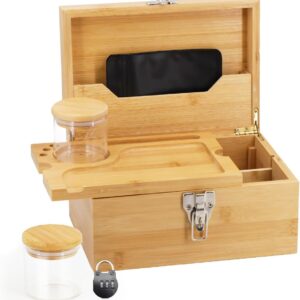 Large Bamboo Box with Combination Lock - Decorative Locking Box with Detachable Compartment, Removable Tray, Jars, Resealable Bags - Great Holidays Gifts