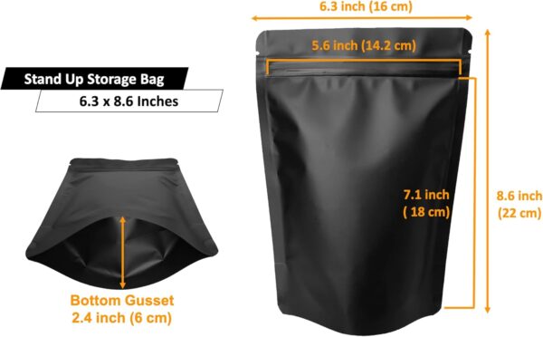 100 Pack Matte Black Stand Up Bags – 5 Mil 6.3x8.6 Inches Resealable Smell Proof Food Storage Zipper Pouch Bag, Large Heat Sealable Plastic Foil Packaging Pouches, Sample Pouch - Image 2