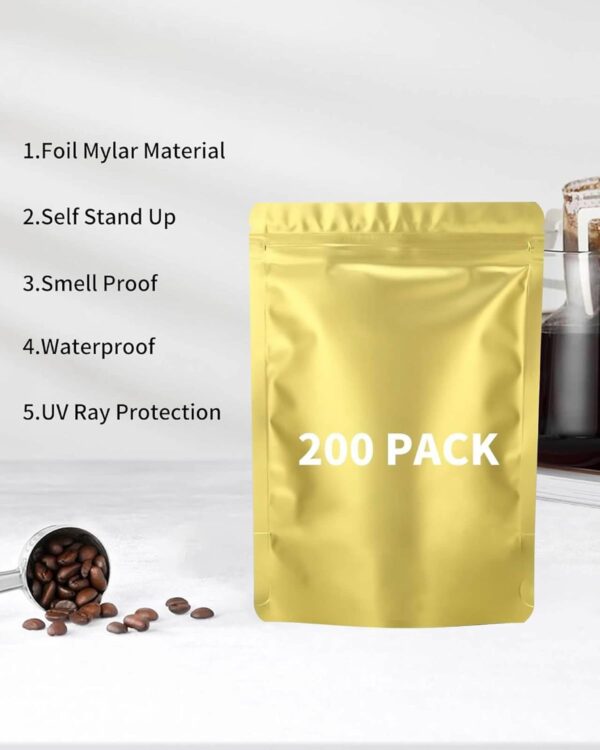 200 Pieces Resealable Mylar Bags(4.3x6.3inch, Matte Gold), Stand Up Zipper Lock Aluminum Foil Bag, Packaging for Small Businesses, Packaging Bags for Food/Nuts Storage - Image 3