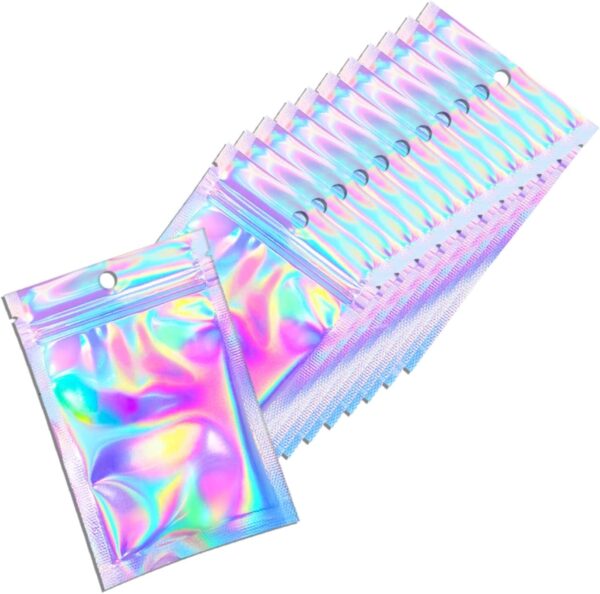 100 Pcs Holographic Resealable Packaging Bags for Small Business Supplies, Cute Small Color Smell Proof Foil Pouch Plastic Baggies for Lip Gloss Soap Party Food Storage (4x6 inch)