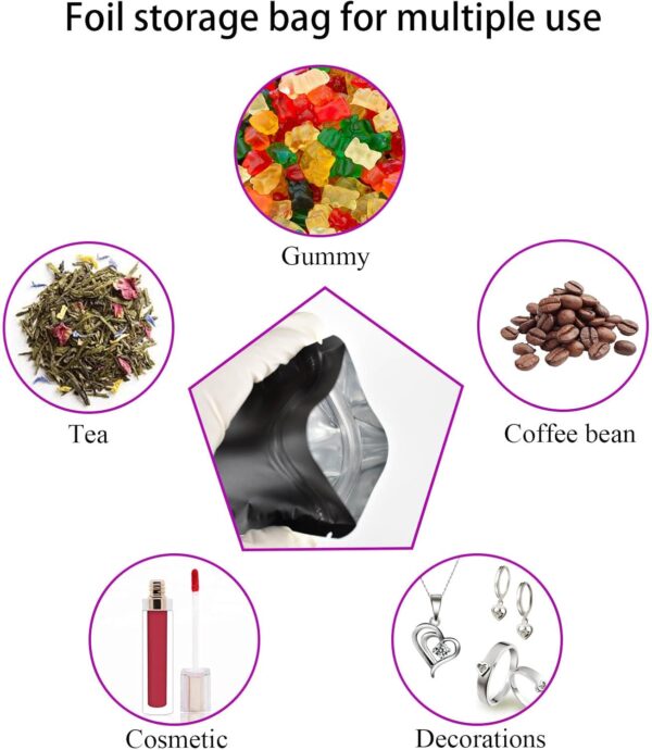100 Pack Mylar Bag,7 Gram Stand-up Packaging Pouch, 4.72 Mil Thickness Resealable Zip Lock Foil Food Storage Baggies Safe Material,4X6 Inches,Matte Black - Image 5