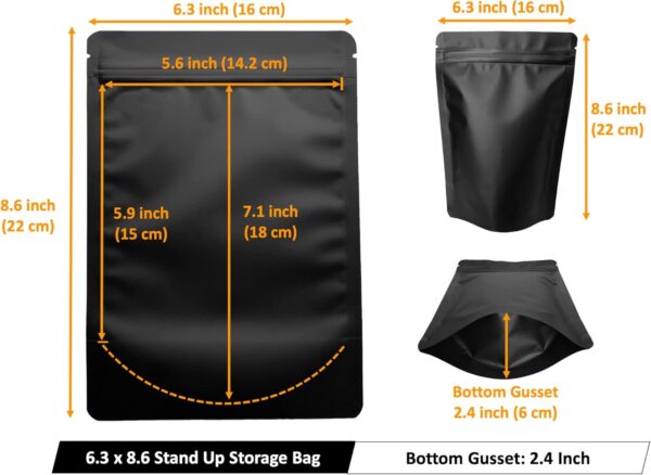 100 Pack Matte Black Stand Up Bags – 5 Mil 6.3x8.6 Inches Resealable Smell Proof Food Storage Zipper Pouch Bag, Large Heat Sealable Plastic Foil Packaging Pouches, Sample Pouch - Image 3