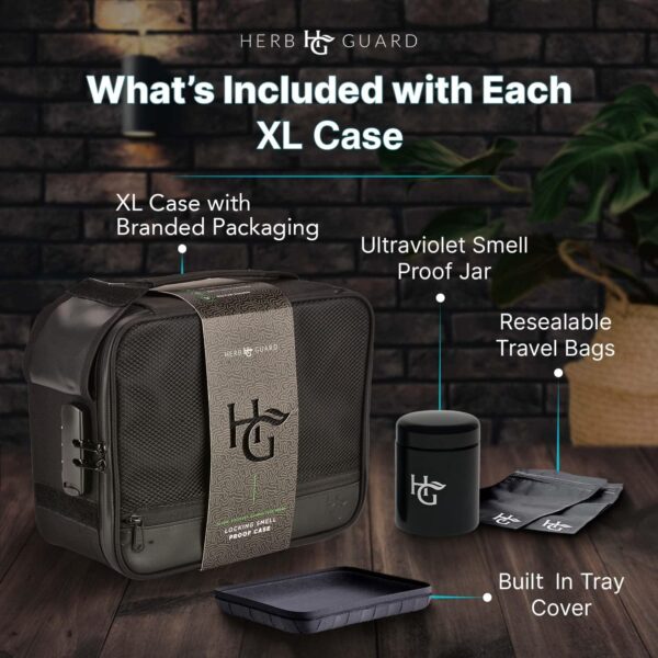 Herb Guard XL Smell Proof Bag & Airtight Case with Combination Lock (Container Holds Up to 5 Ounces) - Includes YKK Zippers, 250ml / Half oz Smell Proof Jar, Built in Tray & Travel Bags (Black) - Image 2