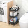 JIUYOTREE 3-Tier Plastic Rolling Storage Cart Utility Cart with Extra Hanging Cups Handles Lockable Wheels for Living Room Bathroom Kitchen Office Black - Image 3