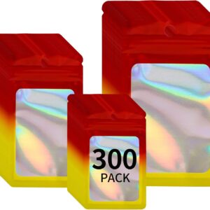 300 Pack 3 Sizes Resealable Mylar Holographic Bags Food Storage Smell Proof Bags with Front Window Packaging Pouch for Cookies Sample Jewelry (Red to Yellow, 3" x 4.7",4" x 6",4.7" x 7.9")