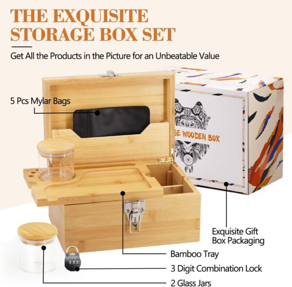 Large Bamboo Box with Combination Lock - Decorative Locking Box with Detachable Compartment, Removable Tray, Jars, Resealable Bags - Great Holidays Gifts - Image 2