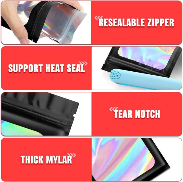 Funfery 300 Pack 3 Size Mylar Holographic Bags with Clear Window,Resealable Bag Smell Proof Bags Zipper Foil Baggie Packaging Pouch for Food Storage,Sample,Small Business(Black,3x4.7,4x6,4.7x7.9in) - Image 5