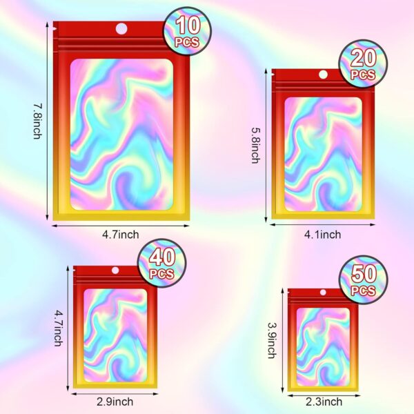 120 PCS Smell Proof Mylar Bags Resealable Odor Proof Bags Holographic Packaging Pouch Bag with Clear Window for Food Storage Jewelry Candy Electronics Storage, 4 Sizes - Image 2