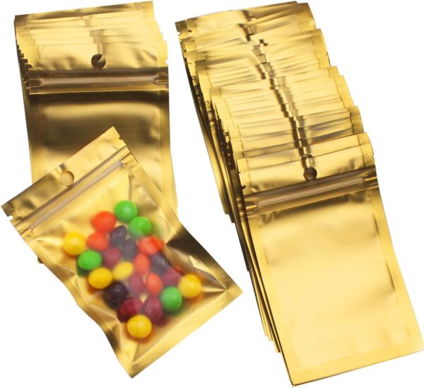 150 Pack Mylar Zip Lock Bags Aluminum Foil Bags Durable Double-Sided Metallic Foil Mylar Flat Mini Ziplock Bag 7.5 x 12 cm/ 3 x 4.7 Inch (Gold)