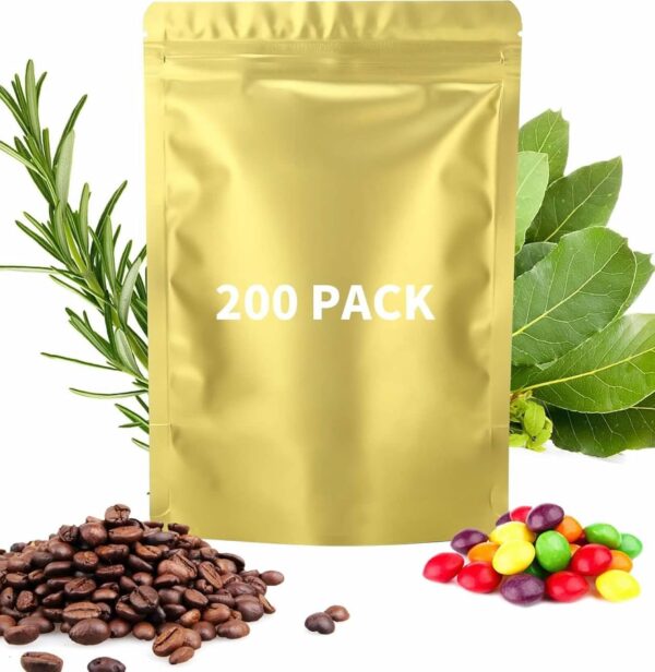 200 Pieces Resealable Mylar Bags(4.3x6.3inch, Matte Gold), Stand Up Zipper Lock Aluminum Foil Bag, Packaging for Small Businesses, Packaging Bags for Food/Nuts Storage